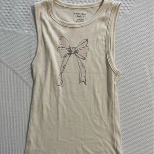 American Eagle Cream Ribbed Tank Top with Bow